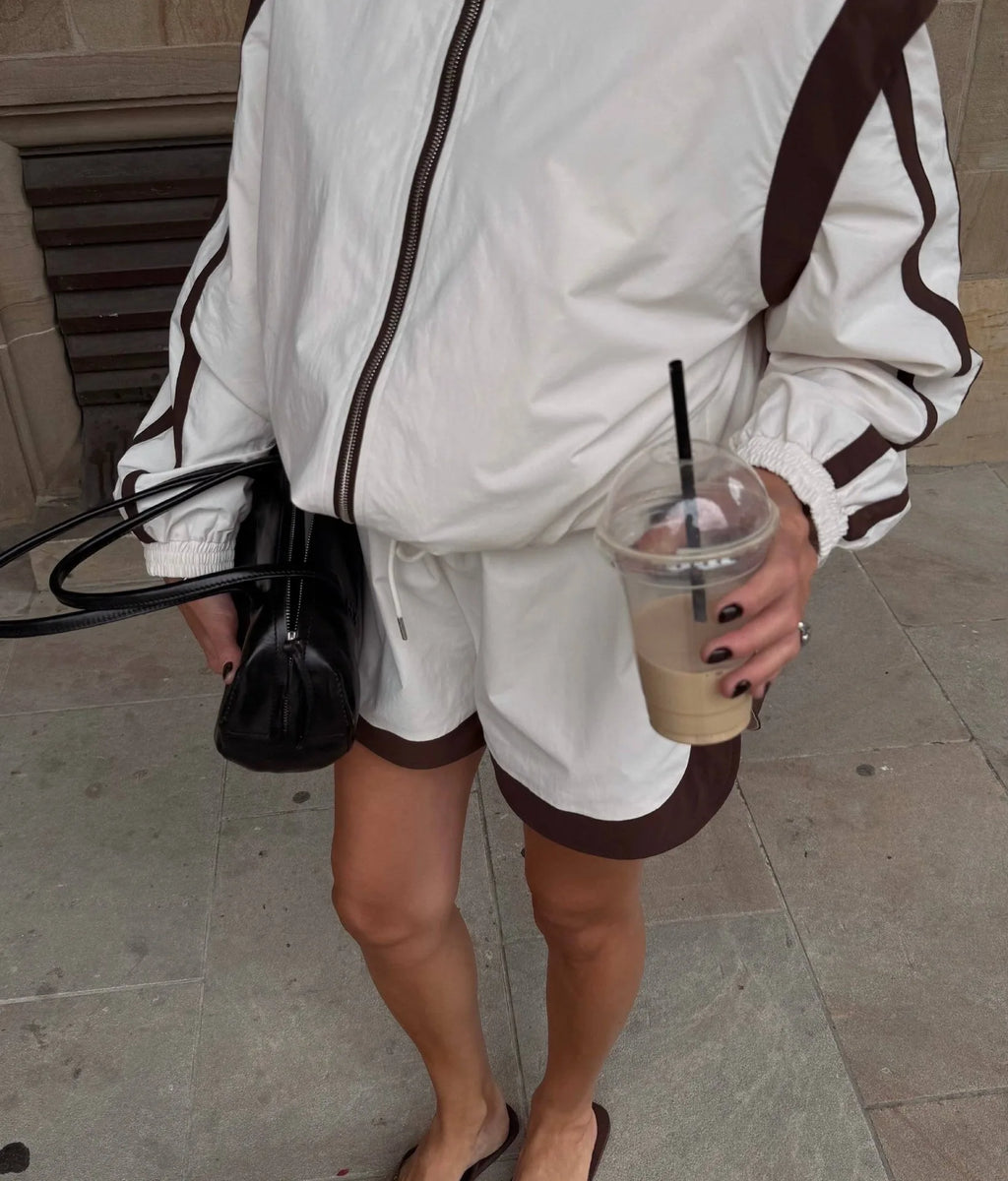 Women Nylon Panelled Lapel Long Sleeve Coats Shorts Sets  Street Zipper Ruched Loose Jacket Elastic Waist Shorts 2026 Chic Outfi