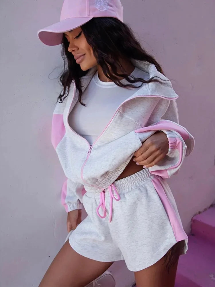 Women Nylon Panelled Lapel Long Sleeve Coats Shorts Sets  Street Zipper Ruched Loose Jacket Elastic Waist Shorts 2026 Chic Outfi