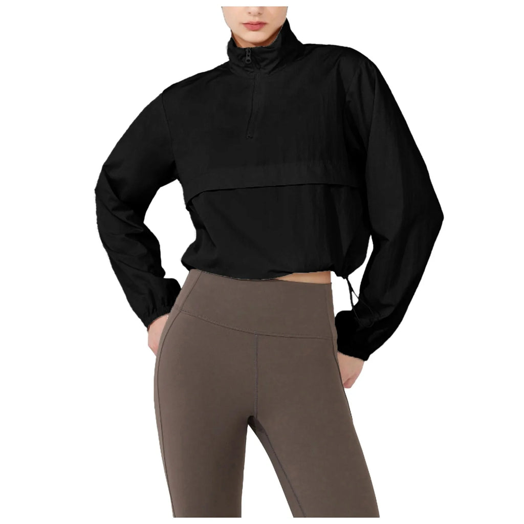 Women Autumn Windproof Waterproof Jacket Uv Resistant Fitness Running Sporty Jacket Stand Up Collar Drawstring Quick Drying Tops