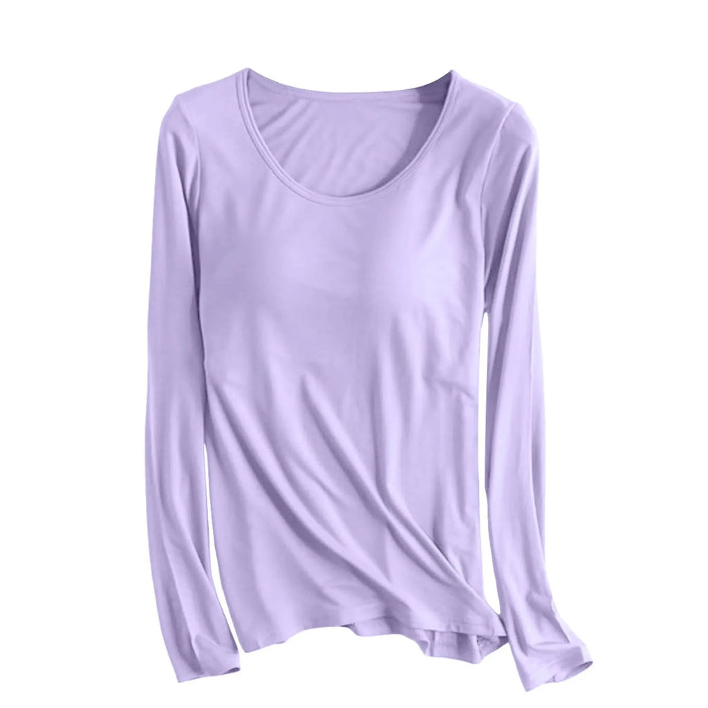 Women's Long Sleeve Bottoming T Shirt Yoga Pajama Top Chest Pad With Built In Bra Solid Color Cotton Long Sleeve Tee Shirts