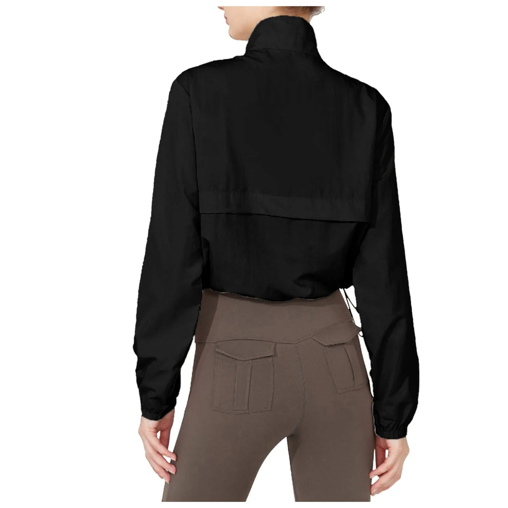 Women Autumn Windproof Waterproof Jacket Uv Resistant Fitness Running Sporty Jacket Stand Up Collar Drawstring Quick Drying Tops