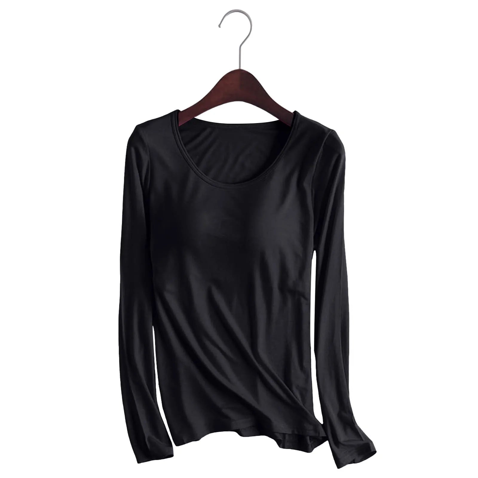 Women's Long Sleeve Bottoming T Shirt Yoga Pajama Top Chest Pad With Built In Bra Solid Color Cotton Long Sleeve Tee Shirts