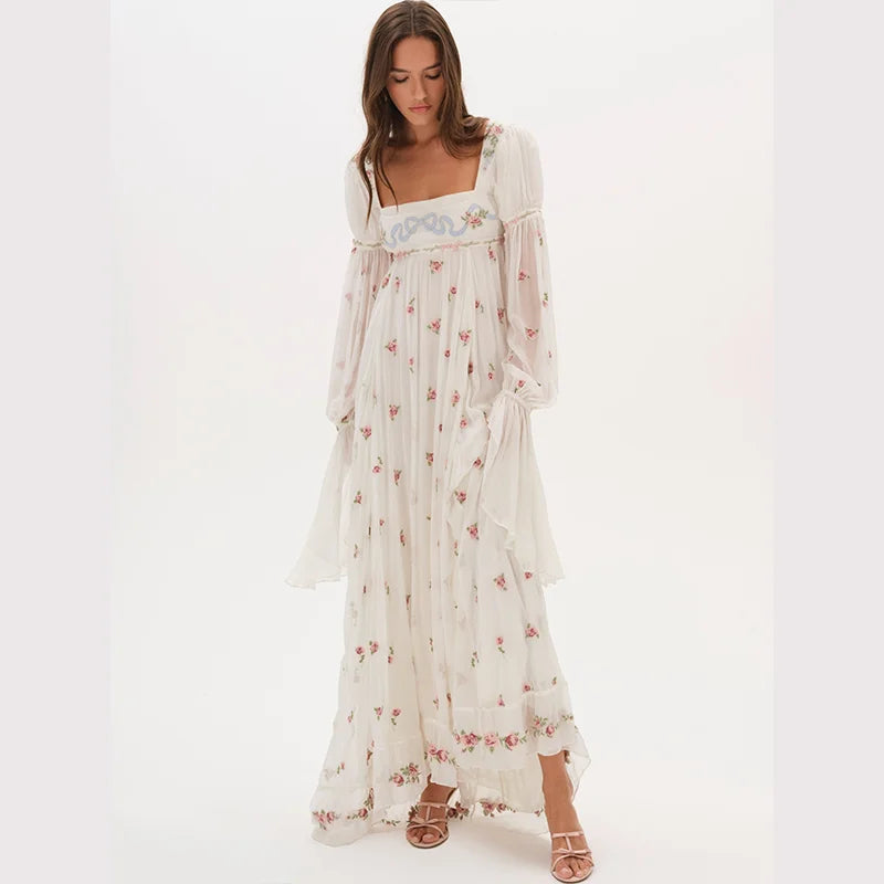 Cottagecore Floral Maxi Dress Women's Square Neck Long Puff Sleeve Empire Waist Chiffon Flowy Vintage Boho Wedding Guest Dress