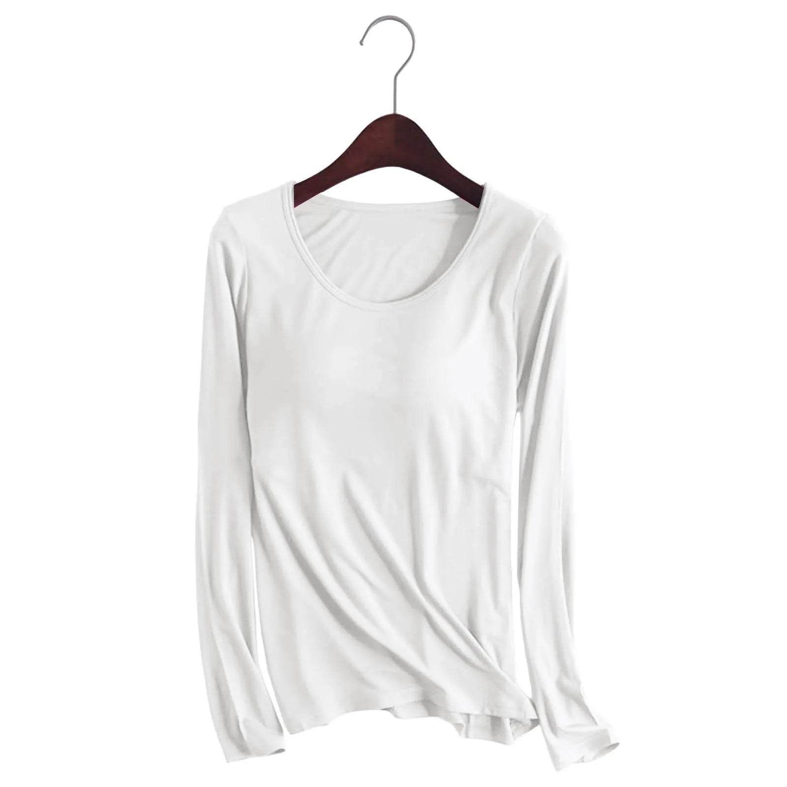 Women's Long Sleeve Bottoming T Shirt Yoga Pajama Top Chest Pad With Built In Bra Solid Color Cotton Long Sleeve Tee Shirts