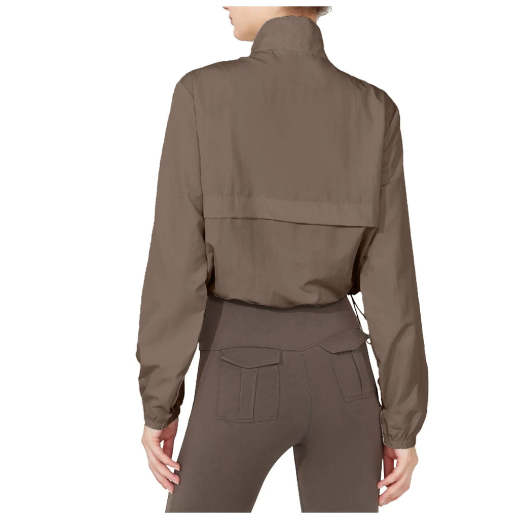 Women Autumn Windproof Waterproof Jacket Uv Resistant Fitness Running Sporty Jacket Stand Up Collar Drawstring Quick Drying Tops