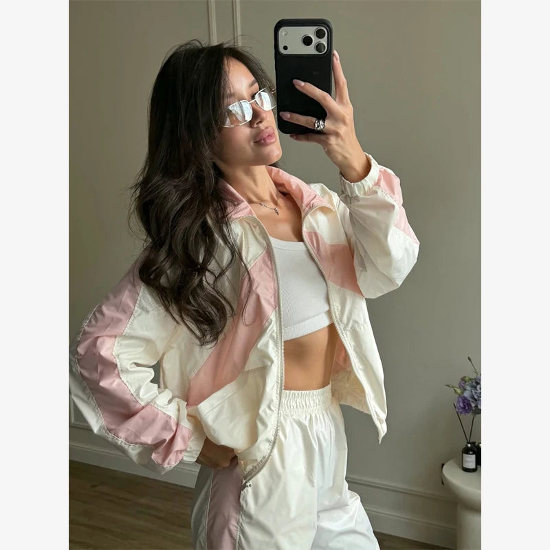 Women Nylon Panelled Lapel Long Sleeve Coats Shorts Sets  Street Zipper Ruched Loose Jacket Elastic Waist Shorts 2026 Chic Outfi