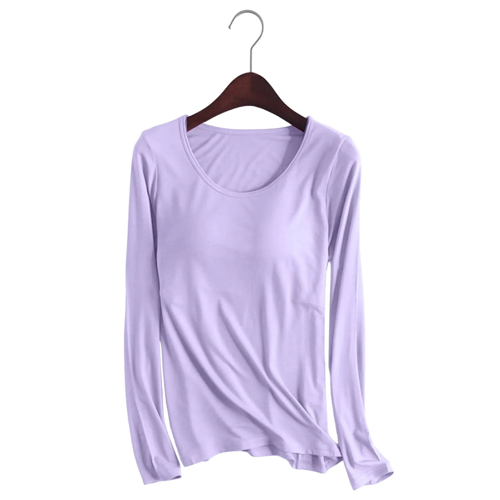 Women's Long Sleeve Bottoming T Shirt Yoga Pajama Top Chest Pad With Built In Bra Solid Color Cotton Long Sleeve Tee Shirts