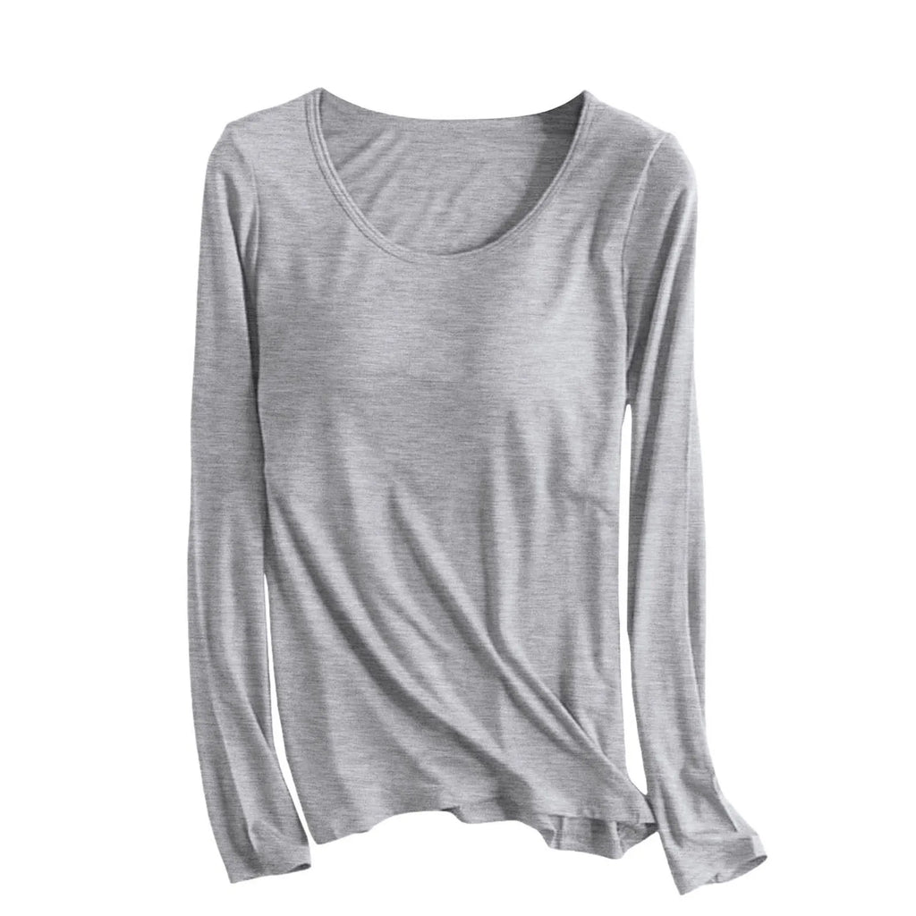 Women's Long Sleeve Bottoming T Shirt Yoga Pajama Top Chest Pad With Built In Bra Solid Color Cotton Long Sleeve Tee Shirts