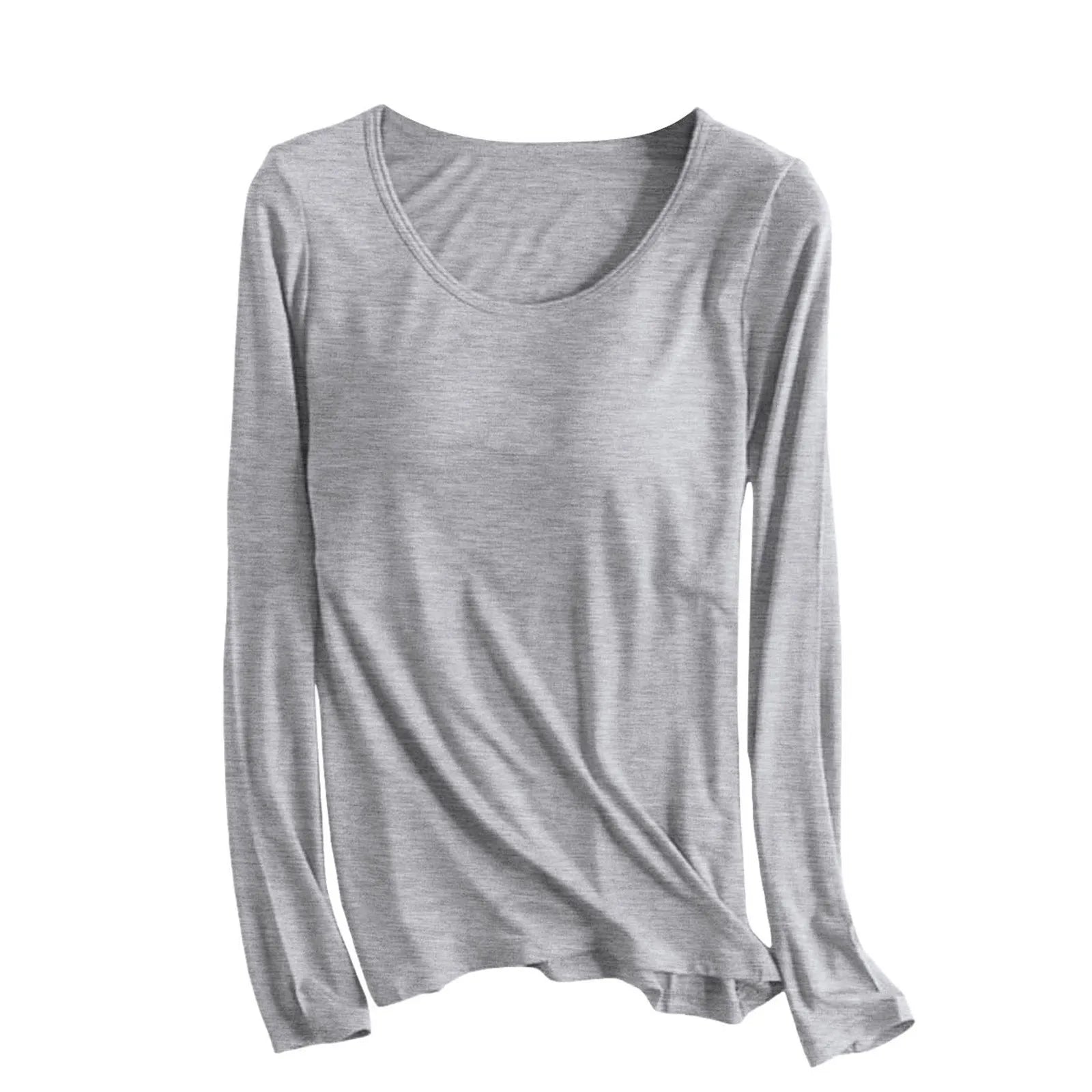 Women's Long Sleeve Bottoming T Shirt Yoga Pajama Top Chest Pad With Built In Bra Solid Color Cotton Long Sleeve Tee Shirts