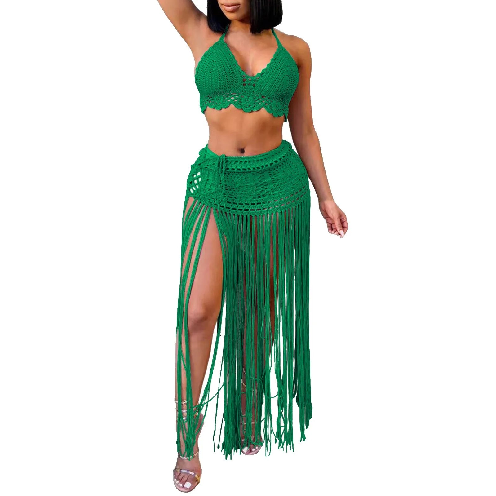 Women'S Two Piece Swimsuit Beach Cover Up Fashion Solid Colour Knitted High Waist Tassel Long Skirt Swimsuit Cover Up Bikini