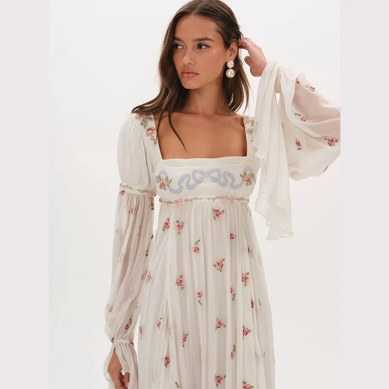 Cottagecore Floral Maxi Dress Women's Square Neck Long Puff Sleeve Empire Waist Chiffon Flowy Vintage Boho Wedding Guest Dress