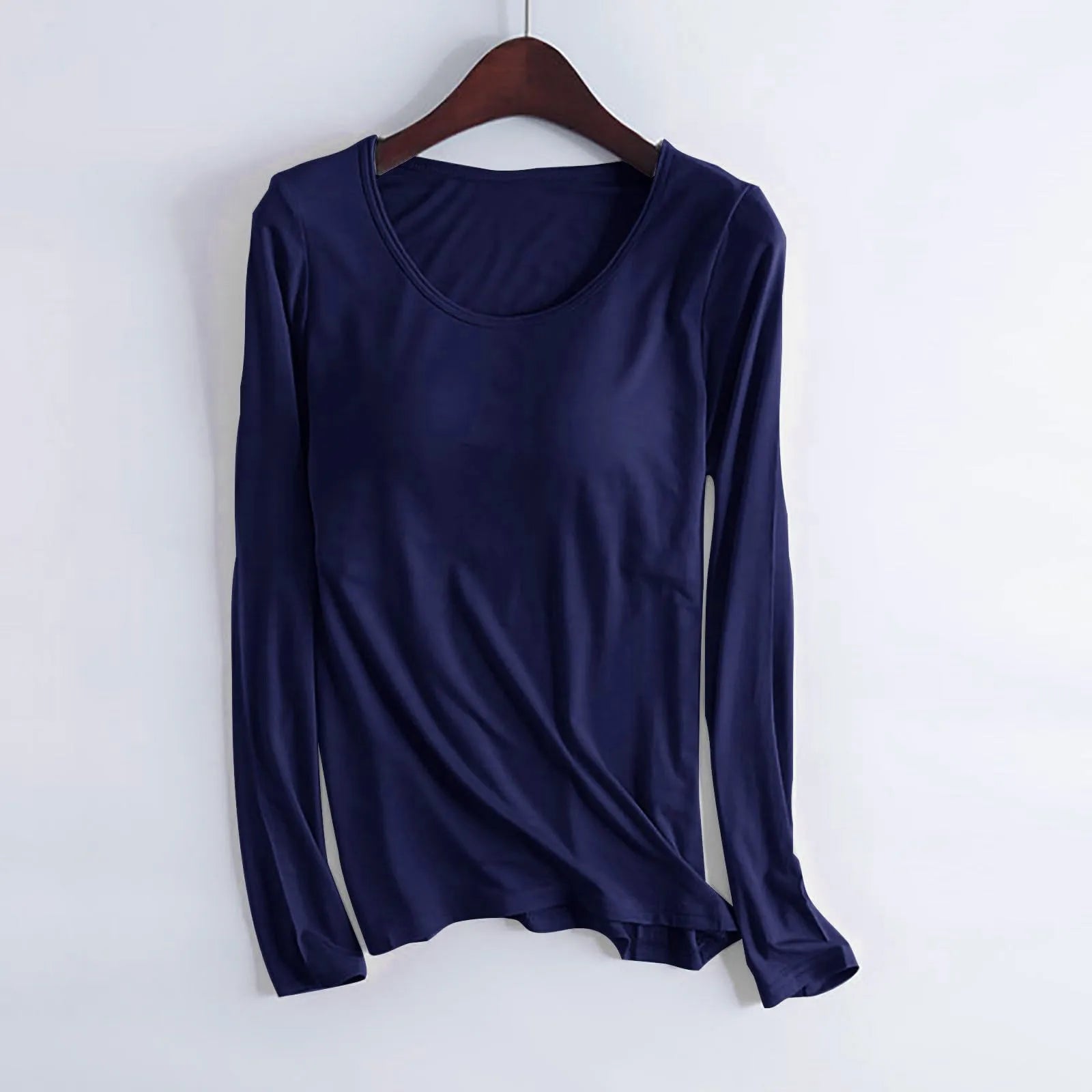 Women's Long Sleeve Bottoming T Shirt Yoga Pajama Top Chest Pad With Built In Bra Solid Color Cotton Long Sleeve Tee Shirts