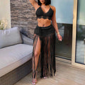 Women'S Two Piece Swimsuit Beach Cover Up Fashion Solid Colour Knitted High Waist Tassel Long Skirt Swimsuit Cover Up Bikini