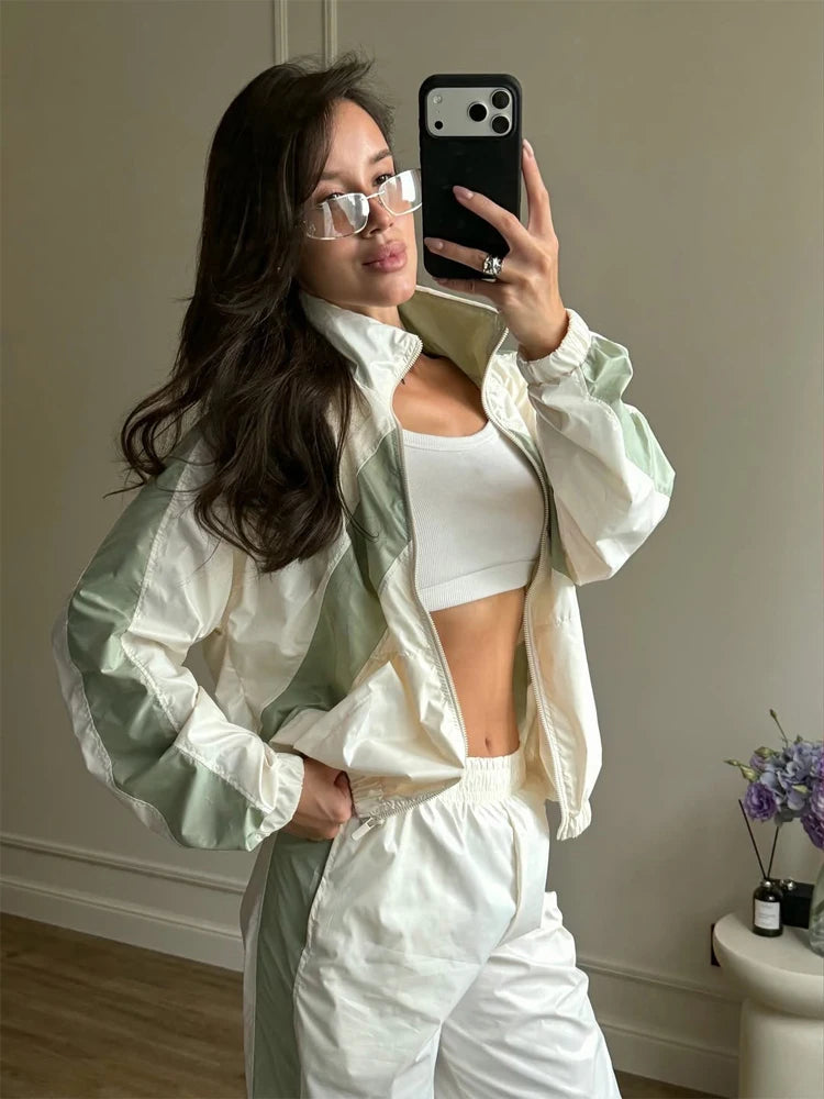 Women Nylon Panelled Lapel Long Sleeve Coats Shorts Sets  Street Zipper Ruched Loose Jacket Elastic Waist Shorts 2026 Chic Outfi