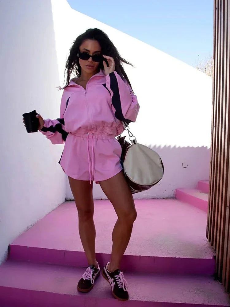 Women Nylon Panelled Lapel Long Sleeve Coats Shorts Sets  Street Zipper Ruched Loose Jacket Elastic Waist Shorts 2026 Chic Outfi