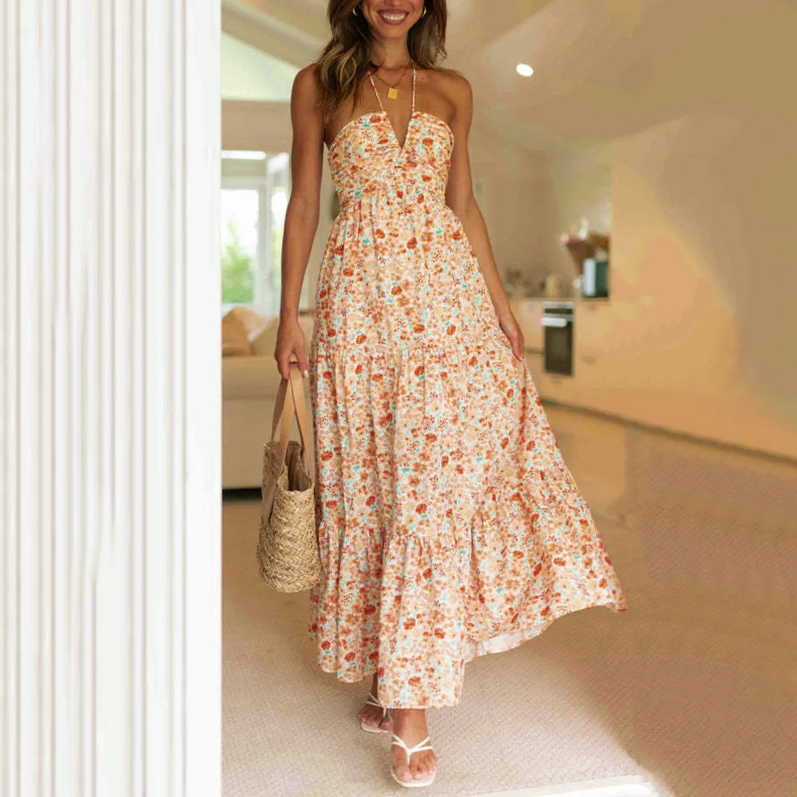 Summer Holiday Maxi Dress Women Spaghetti Strap V Neck Chic Sleeveless Floor Length Flowing Dresses Vacation Beach Long Dress