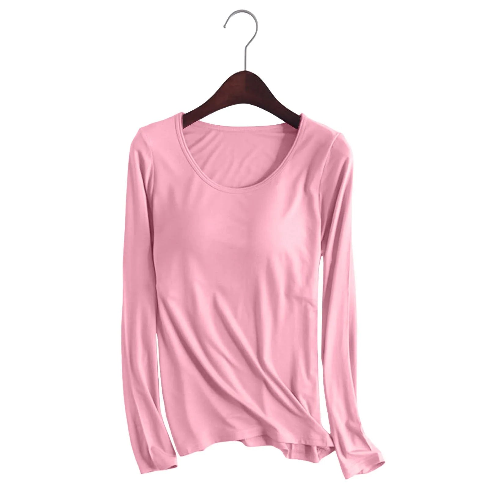 Women's Long Sleeve Bottoming T Shirt Yoga Pajama Top Chest Pad With Built In Bra Solid Color Cotton Long Sleeve Tee Shirts