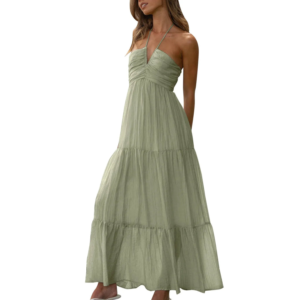 Summer Holiday Maxi Dress Women Spaghetti Strap V Neck Chic Sleeveless Floor Length Flowing Dresses Vacation Beach Long Dress
