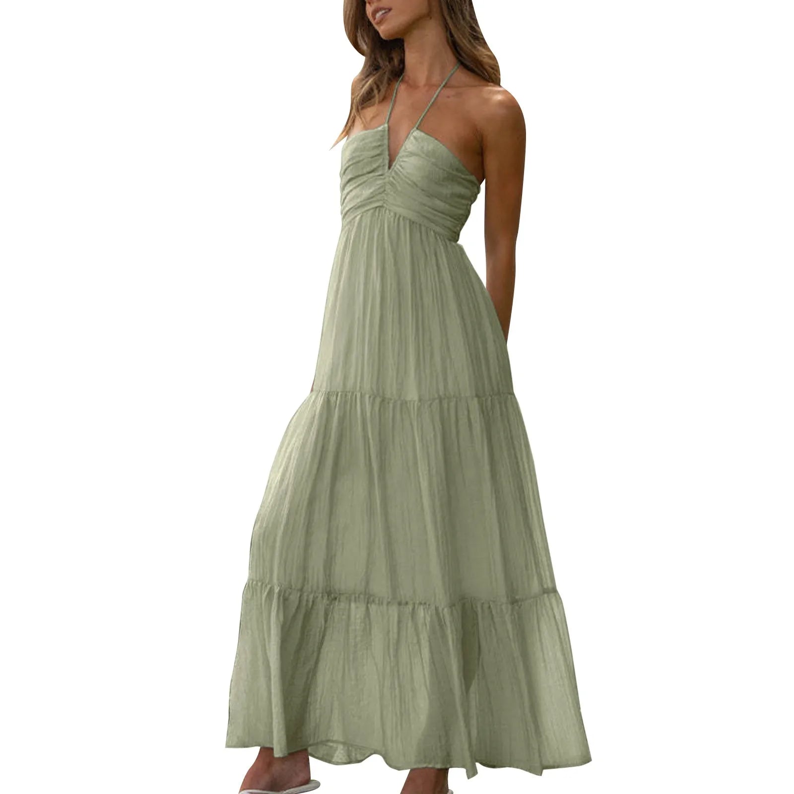 Summer Holiday Maxi Dress Women Spaghetti Strap V Neck Chic Sleeveless Floor Length Flowing Dresses Vacation Beach Long Dress