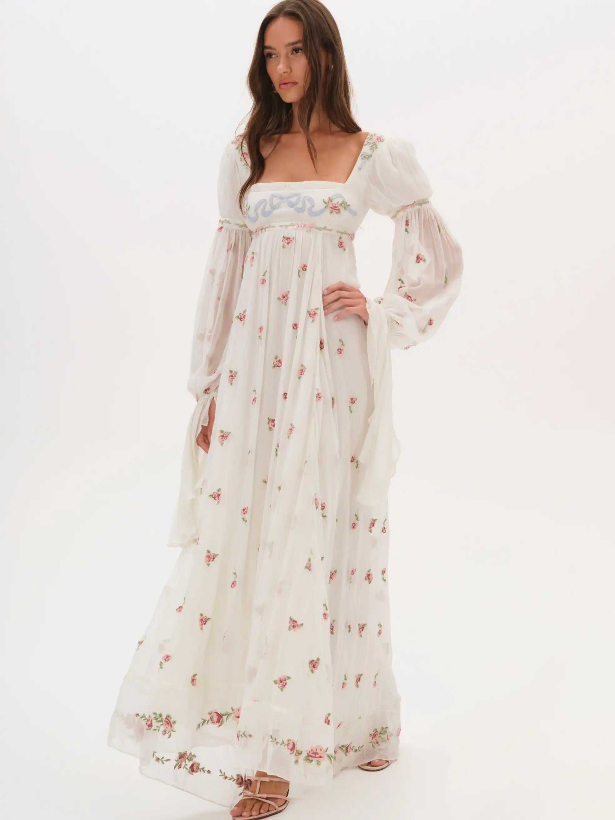 Cottagecore Floral Maxi Dress Women's Square Neck Long Puff Sleeve Empire Waist Chiffon Flowy Vintage Boho Wedding Guest Dress