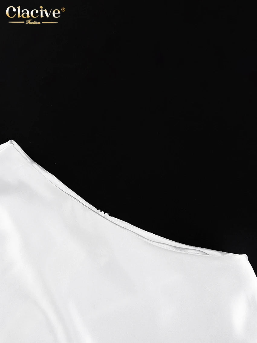 Clacive Fashion Beige Satin Skirts For Women Elegant High Waist Office Lady Ankle-Length Skirt Casual Loose Skirt Female Clothes