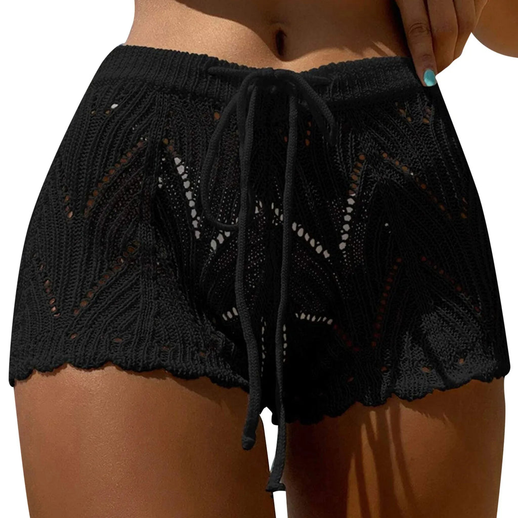 2026 New Hollow Out Crochet Knit Swim Shorts Drawstring Elastic Waist Women Summer Sexy Beach Cover Ups Shorts Swimwear Sarong