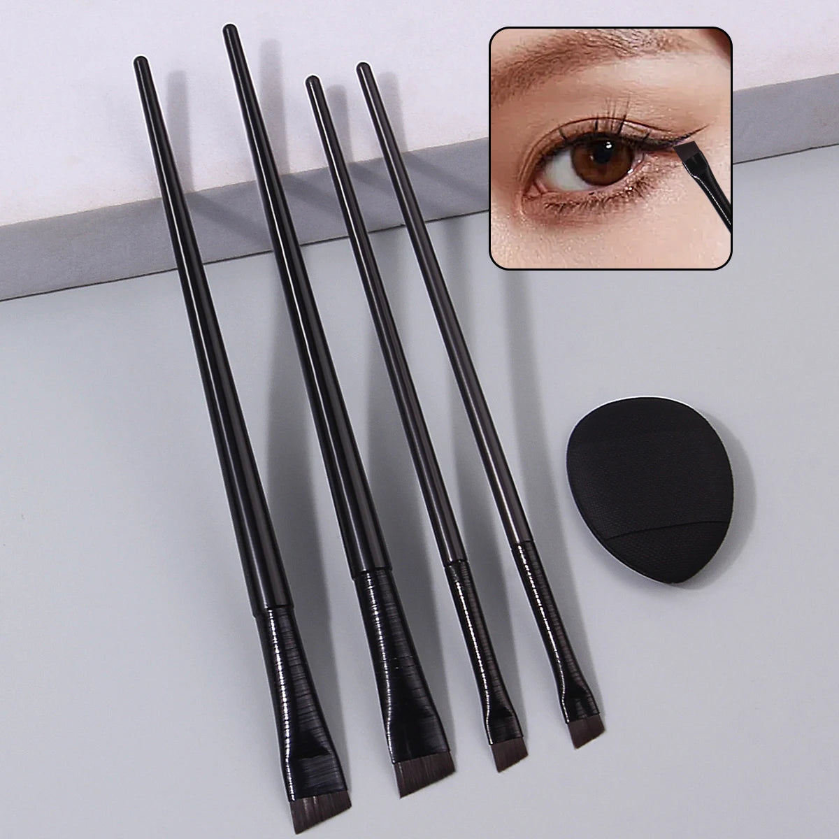 5PCS Practical Eye Makeup Tools: Fine Angled Blade Eyeliner Detail Brush & Soft and Non-Sticky Mini Powder Puff