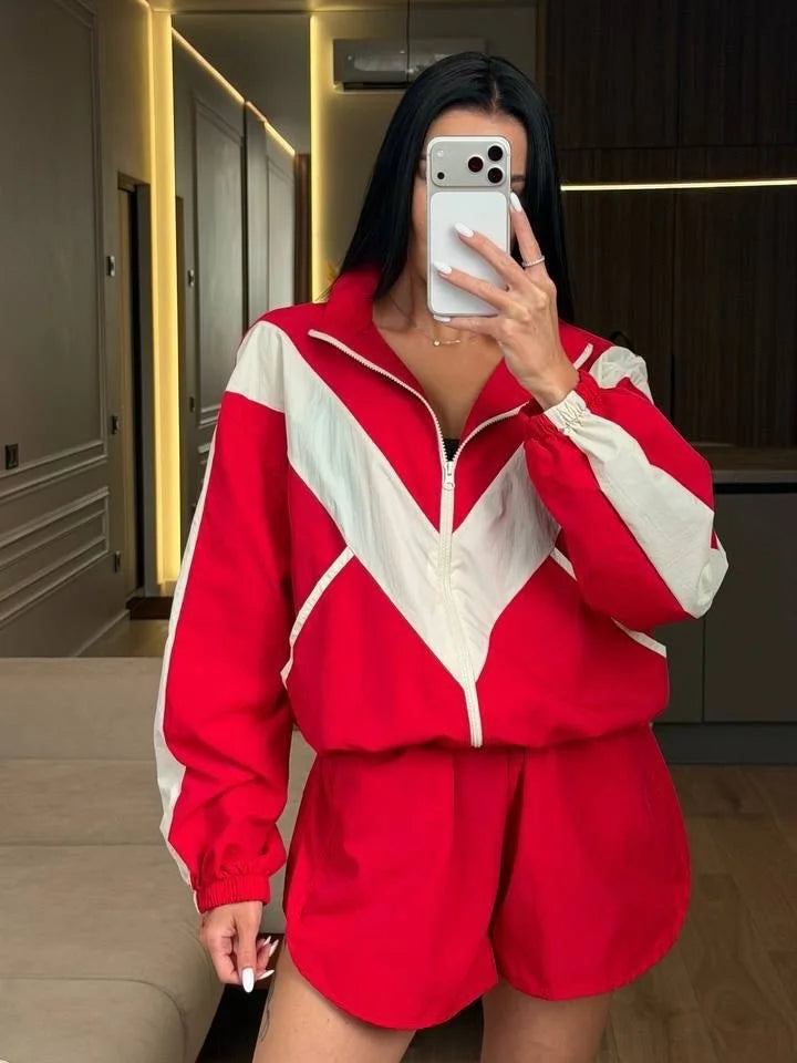 Women Nylon Panelled Lapel Long Sleeve Coats Shorts Sets  Street Zipper Ruched Loose Jacket Elastic Waist Shorts 2026 Chic Outfi