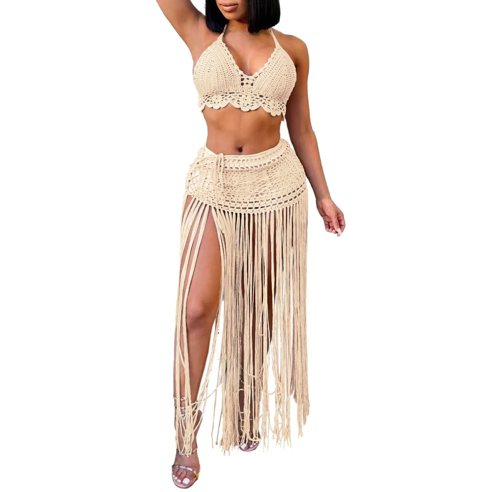 Women'S Two Piece Swimsuit Beach Cover Up Fashion Solid Colour Knitted High Waist Tassel Long Skirt Swimsuit Cover Up Bikini