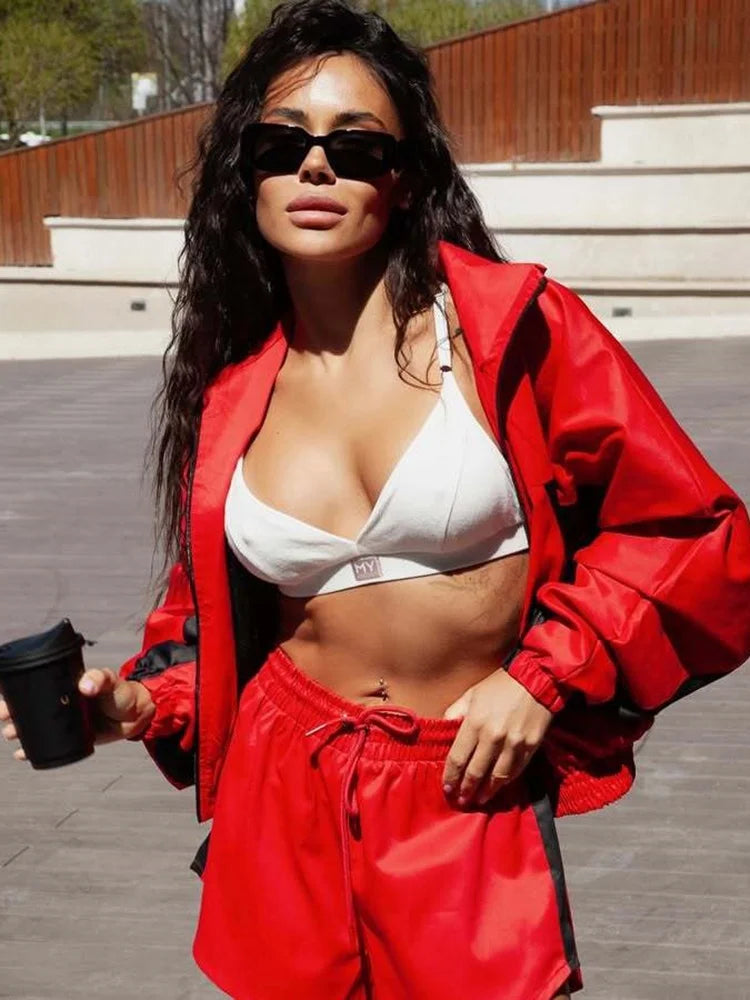 Women Nylon Panelled Lapel Long Sleeve Coats Shorts Sets  Street Zipper Ruched Loose Jacket Elastic Waist Shorts 2026 Chic Outfi