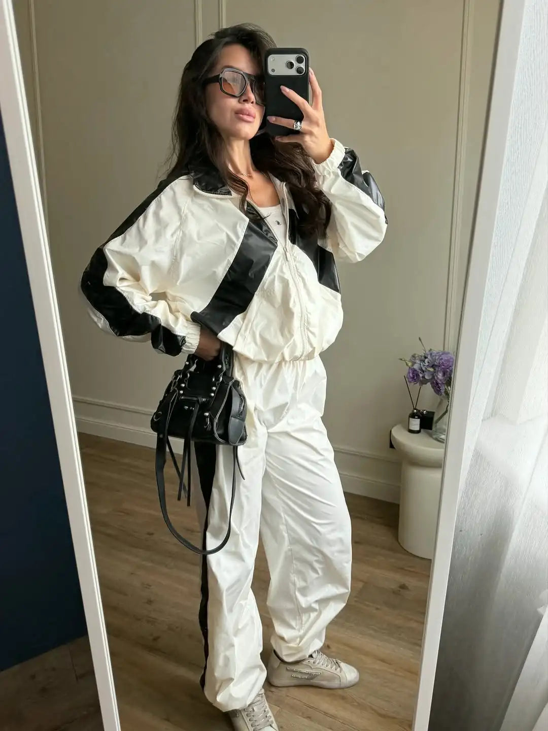 Women Nylon Panelled Lapel Long Sleeve Coats Shorts Sets  Street Zipper Ruched Loose Jacket Elastic Waist Shorts 2026 Chic Outfi