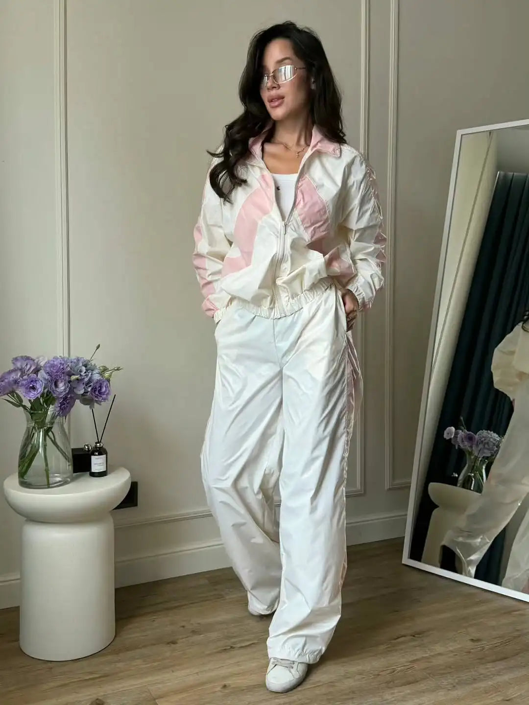 Women Nylon Panelled Lapel Long Sleeve Coats Shorts Sets  Street Zipper Ruched Loose Jacket Elastic Waist Shorts 2026 Chic Outfi