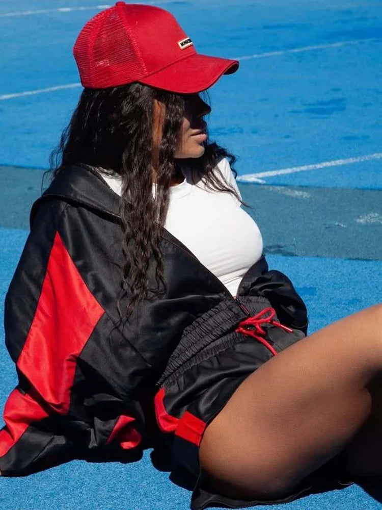 Women Nylon Panelled Lapel Long Sleeve Coats Shorts Sets  Street Zipper Ruched Loose Jacket Elastic Waist Shorts 2026 Chic Outfi