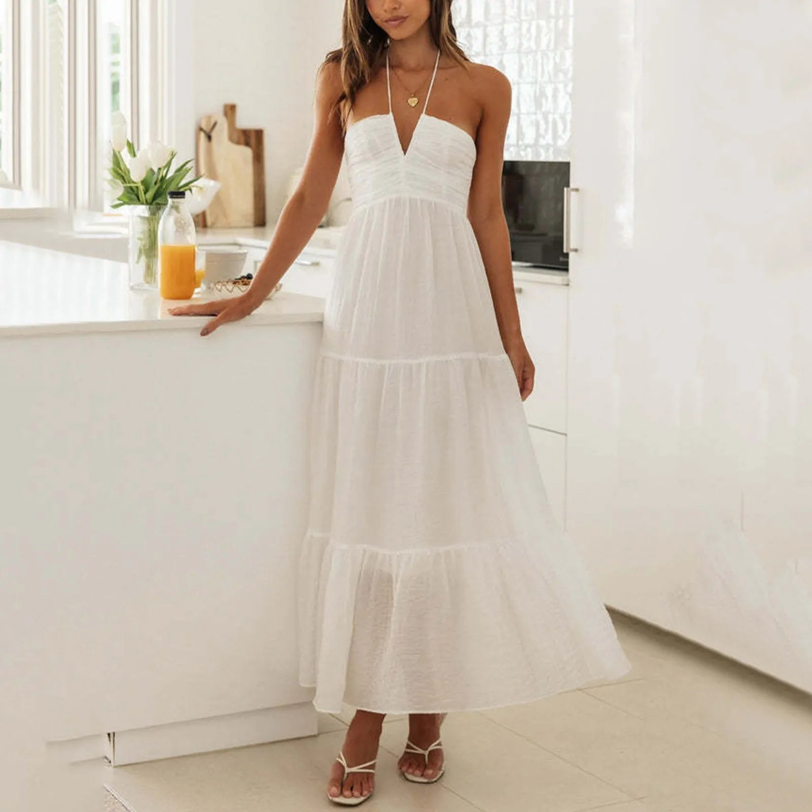Summer Holiday Maxi Dress Women Spaghetti Strap V Neck Chic Sleeveless Floor Length Flowing Dresses Vacation Beach Long Dress