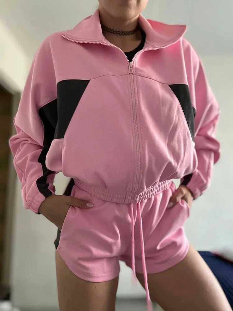 Women Nylon Panelled Lapel Long Sleeve Coats Shorts Sets  Street Zipper Ruched Loose Jacket Elastic Waist Shorts 2026 Chic Outfi