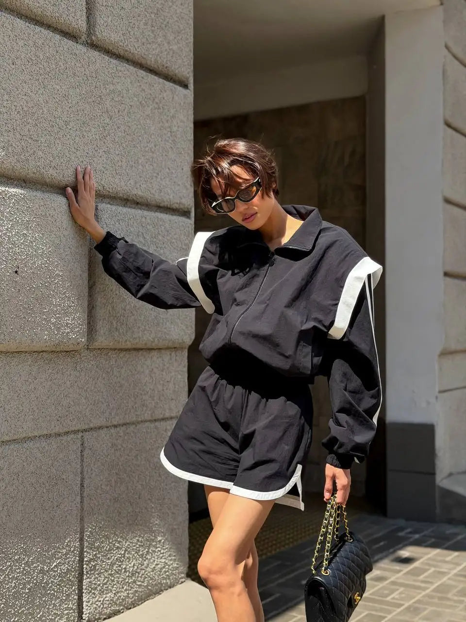 Women Nylon Panelled Lapel Long Sleeve Coats Shorts Sets  Street Zipper Ruched Loose Jacket Elastic Waist Shorts 2026 Chic Outfi