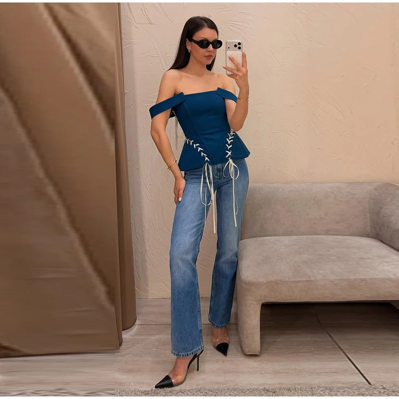 Elegant Off Shoulder Blue Tube Top Women's Contrast Lace Up Waist Cinched Corset Tops 2026 Summer New Lady Fashion Streetwear