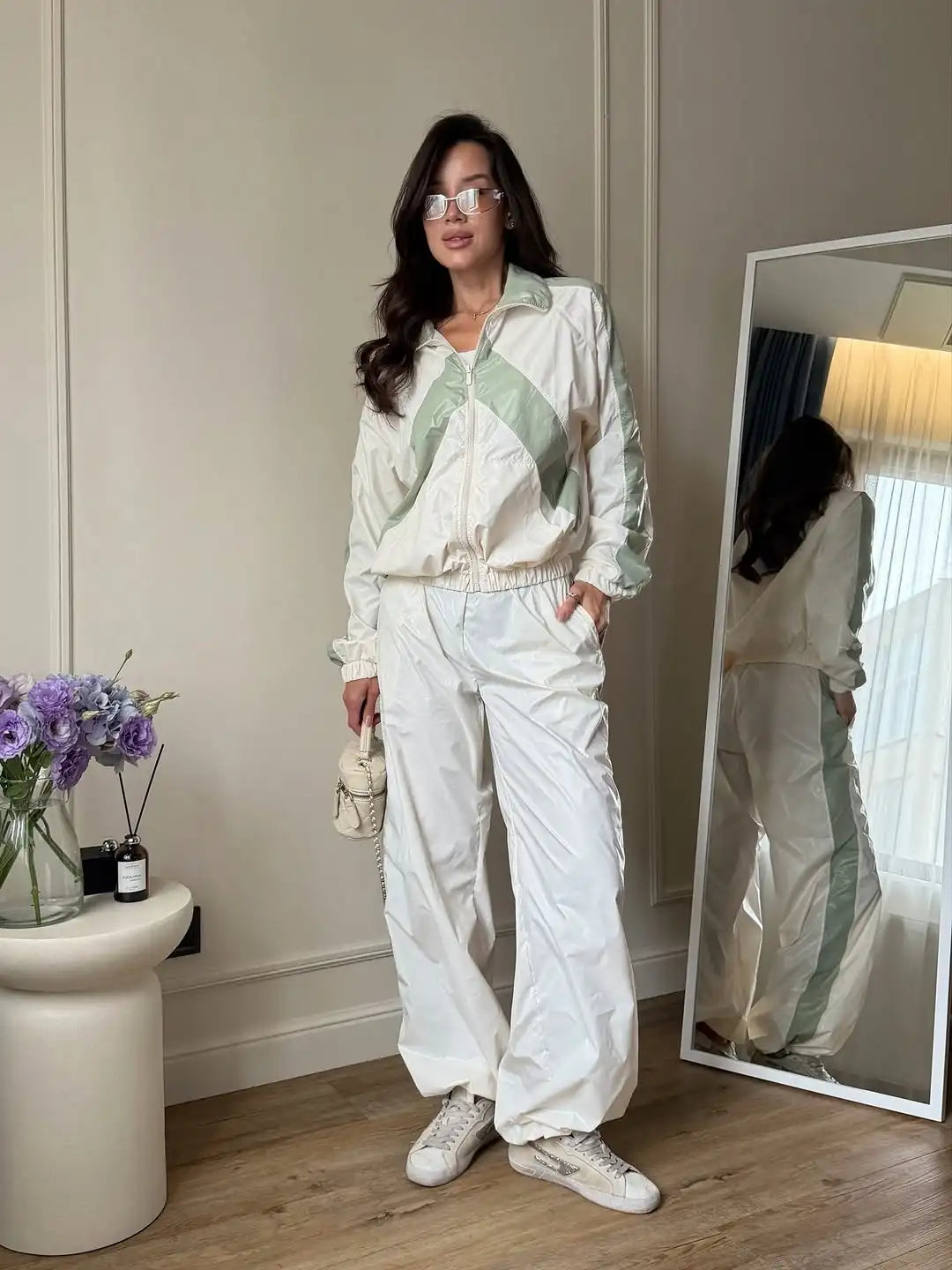 Women Nylon Panelled Lapel Long Sleeve Coats Shorts Sets  Street Zipper Ruched Loose Jacket Elastic Waist Shorts 2026 Chic Outfi
