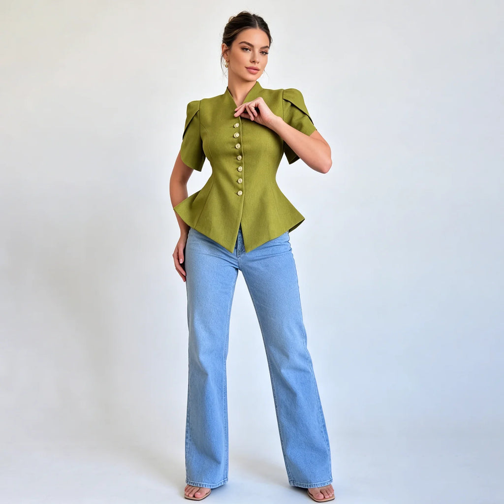 LIMO Peplum Blazer Top with V-Neck, Puff Sleeves and Decorative Buttons