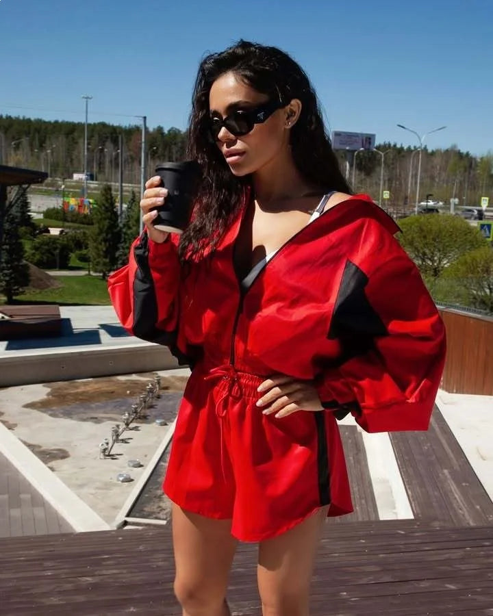 Women Nylon Panelled Lapel Long Sleeve Coats Shorts Sets  Street Zipper Ruched Loose Jacket Elastic Waist Shorts 2026 Chic Outfi
