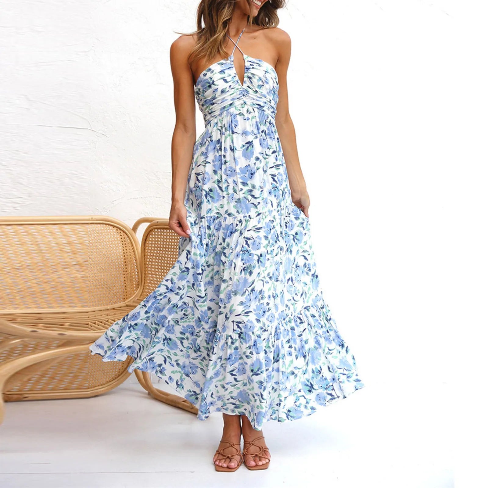 Summer Holiday Maxi Dress Women Spaghetti Strap V Neck Chic Sleeveless Floor Length Flowing Dresses Vacation Beach Long Dress