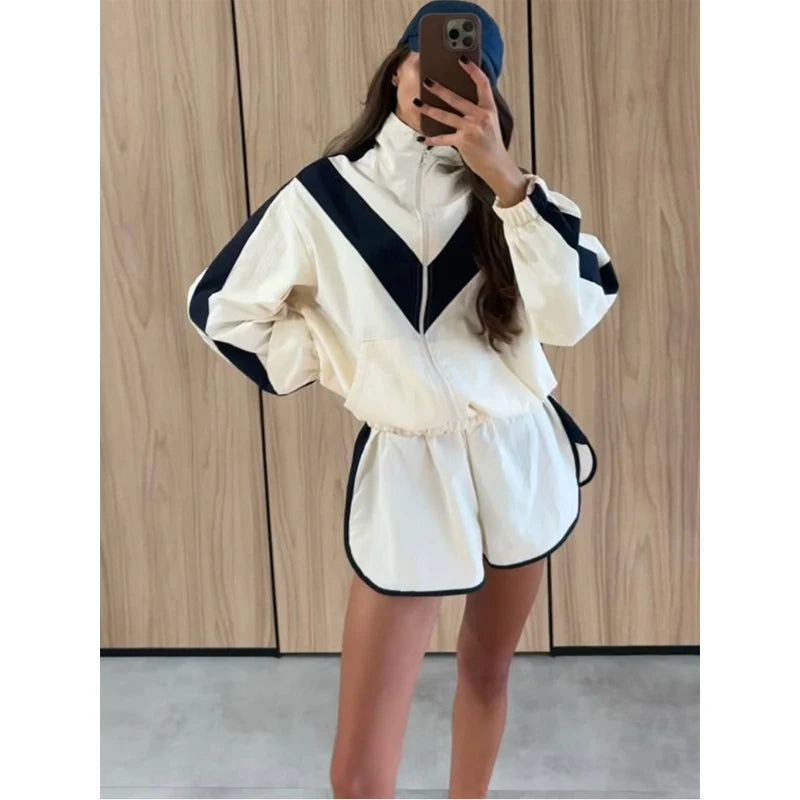 Women Nylon Panelled Lapel Long Sleeve Coats Shorts Sets  Street Zipper Ruched Loose Jacket Elastic Waist Shorts 2026 Chic Outfi