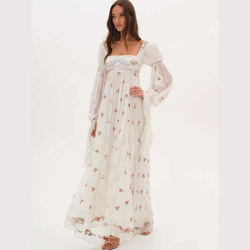 Cottagecore Floral Maxi Dress Women's Square Neck Long Puff Sleeve Empire Waist Chiffon Flowy Vintage Boho Wedding Guest Dress