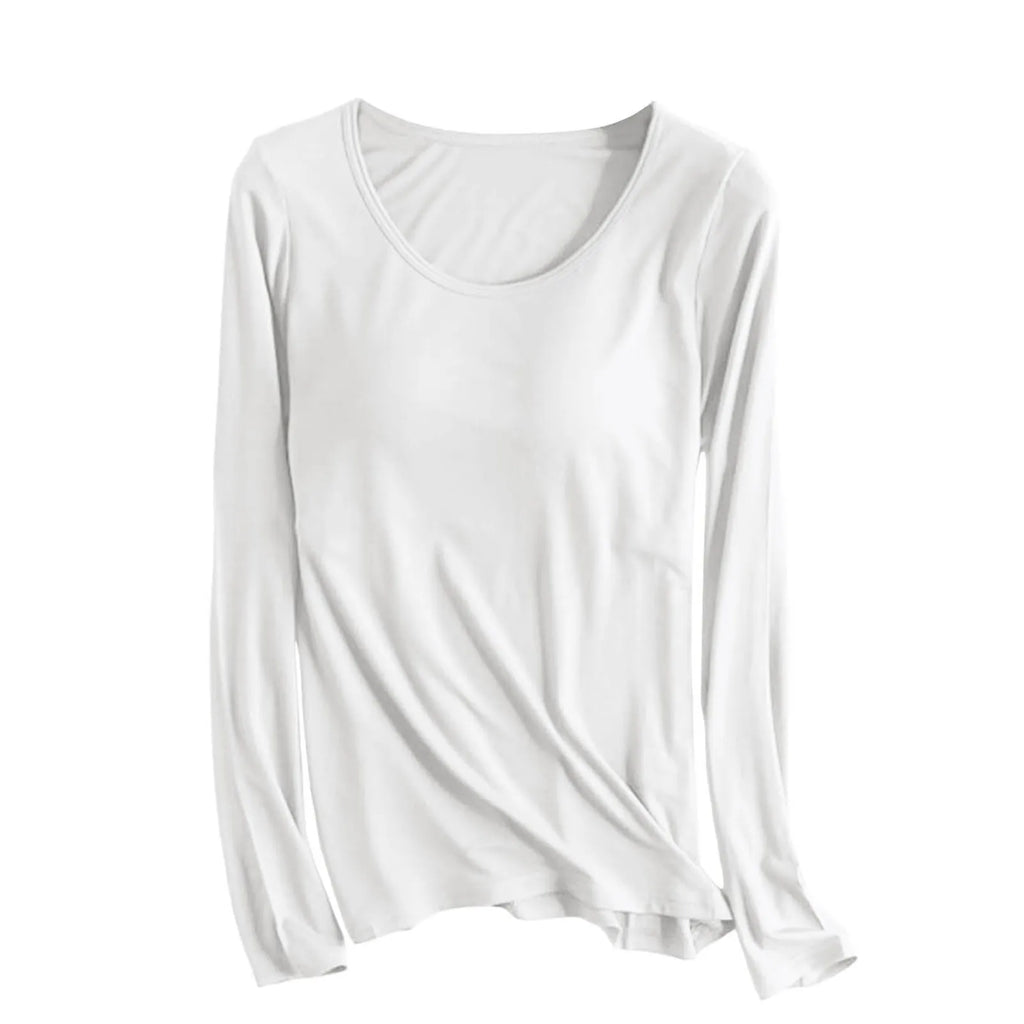 Women's Long Sleeve Bottoming T Shirt Yoga Pajama Top Chest Pad With Built In Bra Solid Color Cotton Long Sleeve Tee Shirts