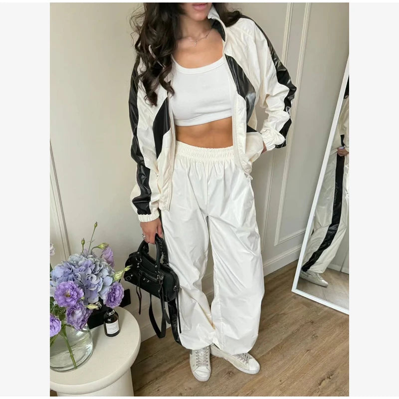 Women Nylon Panelled Lapel Long Sleeve Coats Shorts Sets  Street Zipper Ruched Loose Jacket Elastic Waist Shorts 2026 Chic Outfi