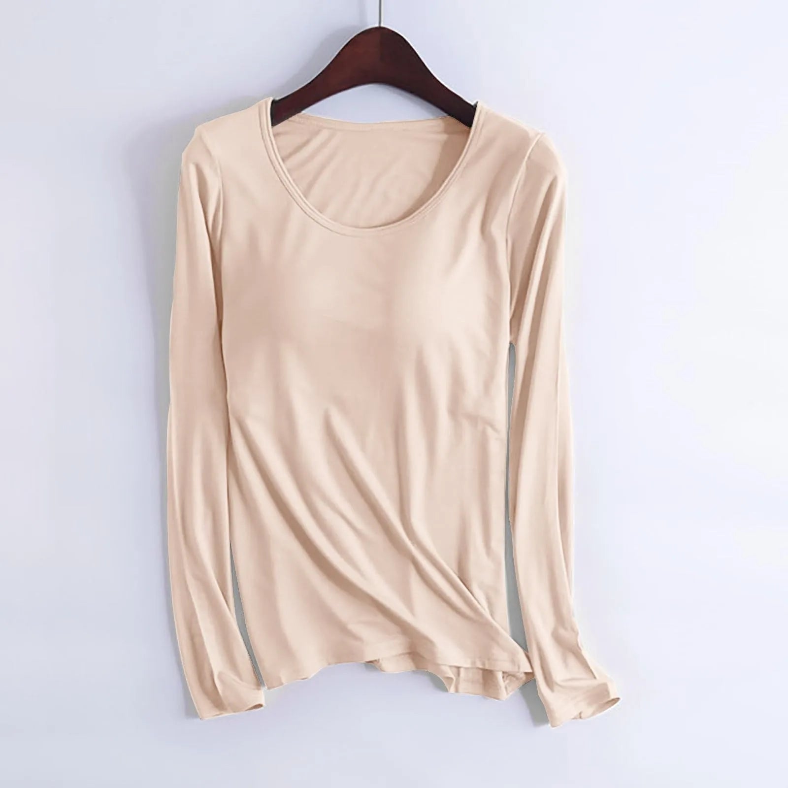 Women's Long Sleeve Bottoming T Shirt Yoga Pajama Top Chest Pad With Built In Bra Solid Color Cotton Long Sleeve Tee Shirts