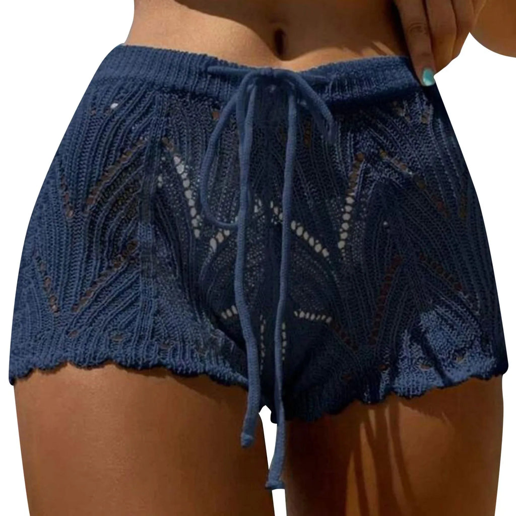 2026 New Hollow Out Crochet Knit Swim Shorts Drawstring Elastic Waist Women Summer Sexy Beach Cover Ups Shorts Swimwear Sarong