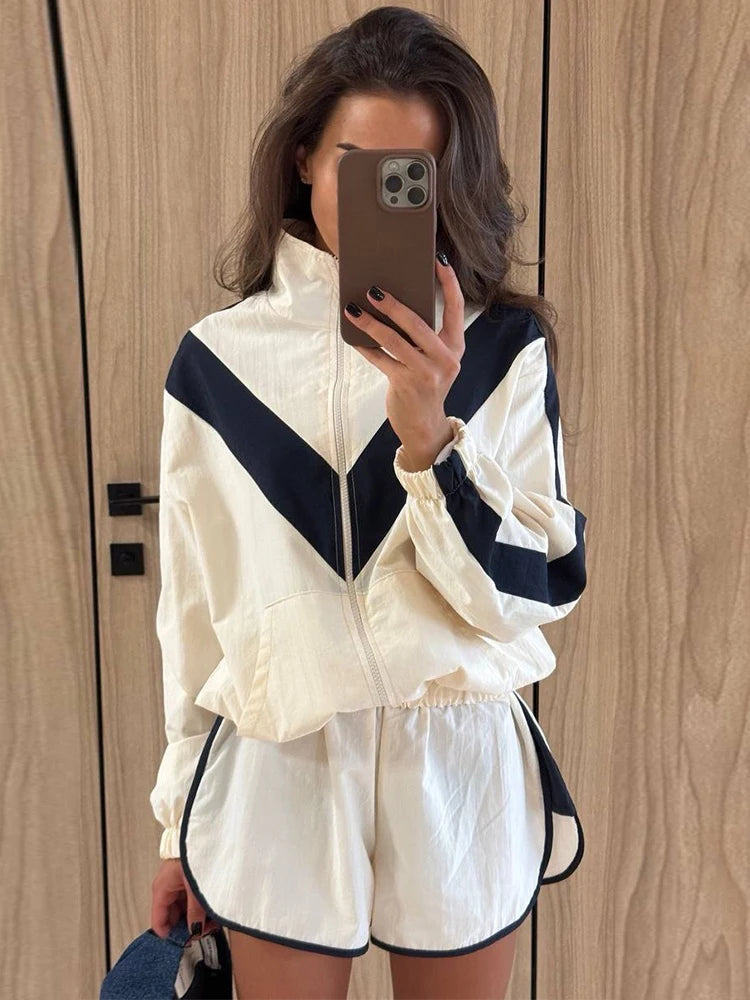 Women Nylon Panelled Lapel Long Sleeve Coats Shorts Sets  Street Zipper Ruched Loose Jacket Elastic Waist Shorts 2026 Chic Outfi