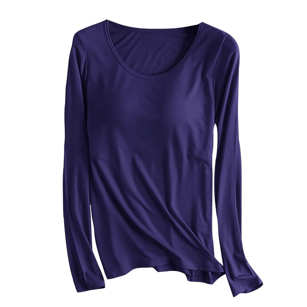 Women's Long Sleeve Bottoming T Shirt Yoga Pajama Top Chest Pad With Built In Bra Solid Color Cotton Long Sleeve Tee Shirts