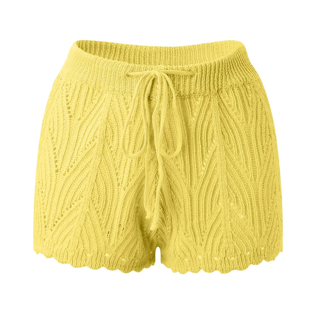 2026 New Hollow Out Crochet Knit Swim Shorts Drawstring Elastic Waist Women Summer Sexy Beach Cover Ups Shorts Swimwear Sarong